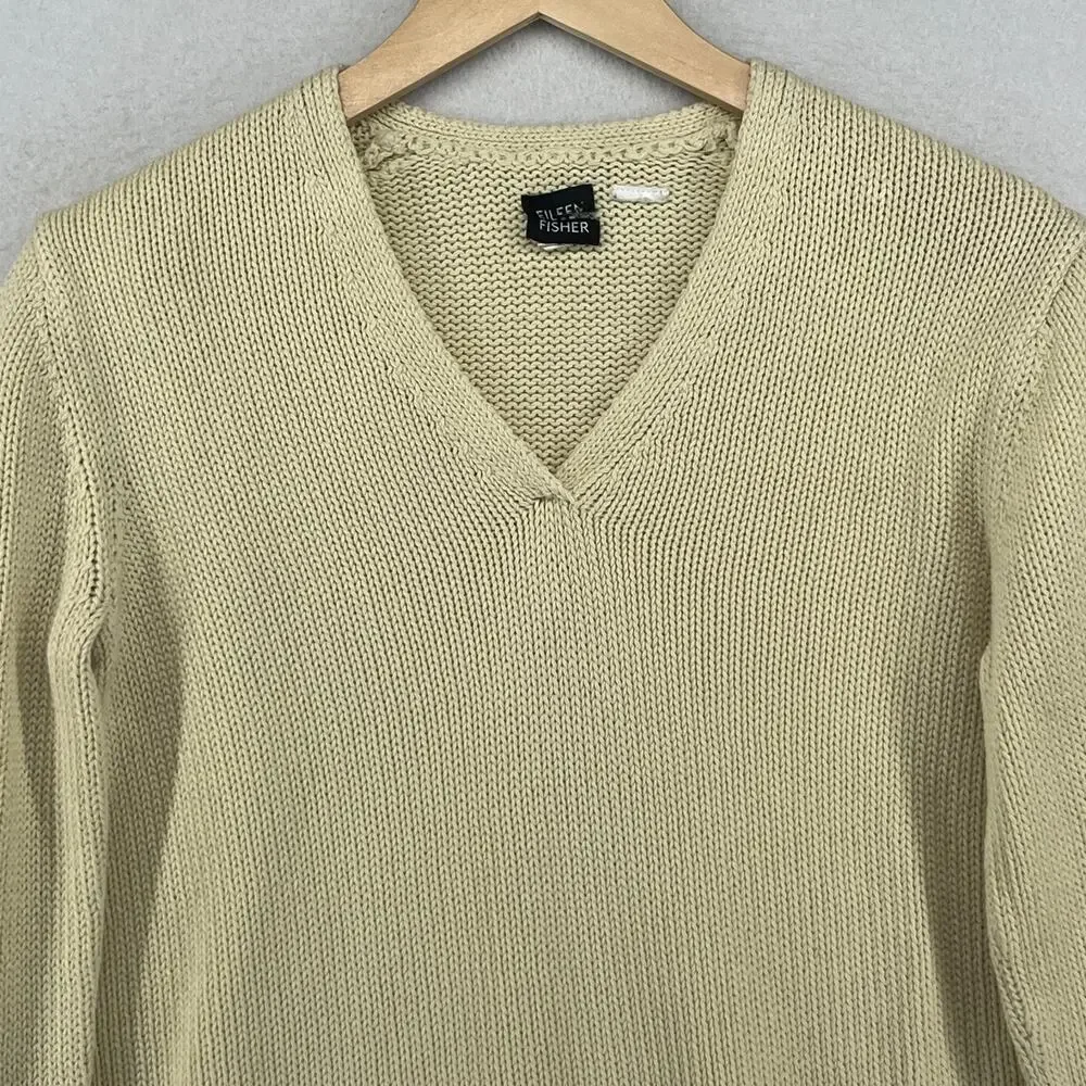 EILEEN FISHER Sweater S Cotton Chunky V-Neck Rolled Hem Pullover Off White VTG